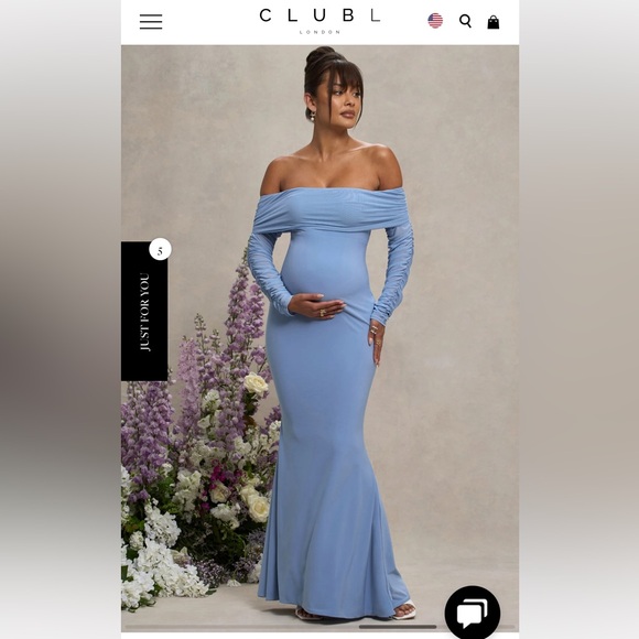 CLUB LONDON PRETTY PERFECT POWDER BLUE MATERNITY RUCHED MESH BARDOT MAXI DRESS - Picture 4 of 16